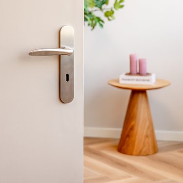 Benevento door handle stainless steel with rounded shield SL72