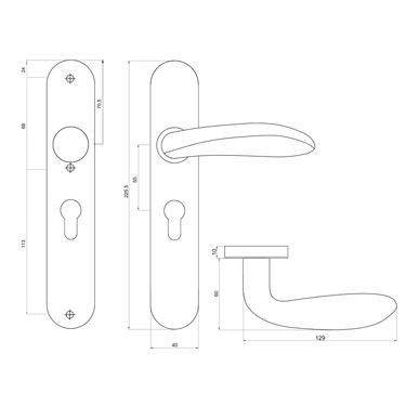 Tekening van Benevento deurklink op schild met pc55 steekmaat