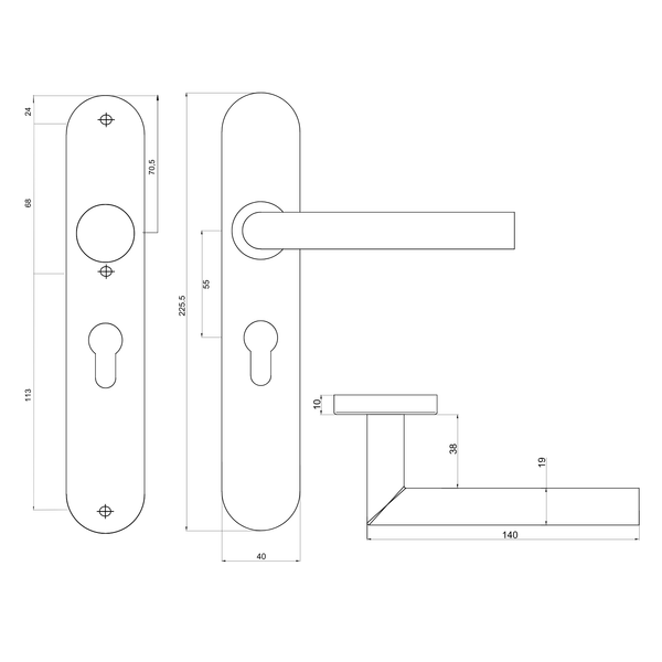 Mantua door handle stainless steel with rounded shield - PC55