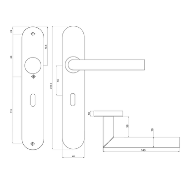 Tekening met maatvoering deurklink met sleutelgat Mantua SL56