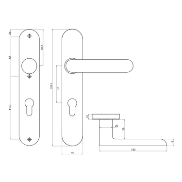 Technische tekening Novara deurkruk op schild Pc72