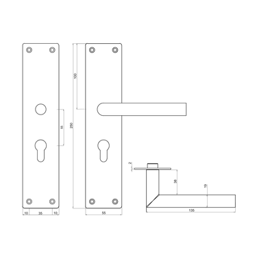 Deurkruk Nuoro op schild afmetingen PC55