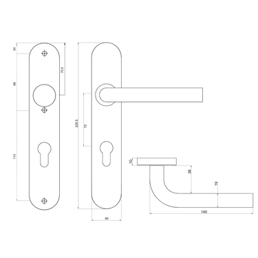 Maatvoering tekening Oristano deurkruk op schild PC72
