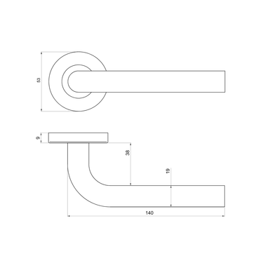 Technische tekening met afmeting van deurkruk Oristano met rond rozet