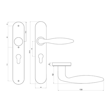 Technische tekening deurkruk Pratona op schild PC55