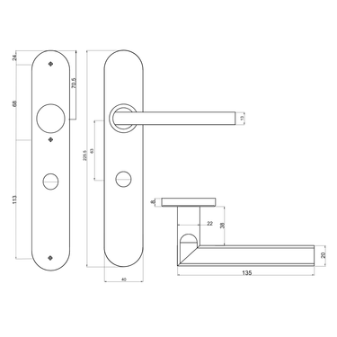 Tekening met afmetingen WC63/8 deurschild met Teramo deurklink