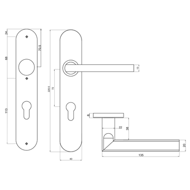 Tekening Teramo deurkruk PC72 schild