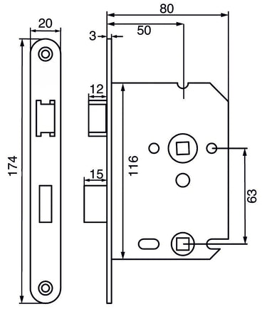 WC bathroom lock WC63/8 with black front plate